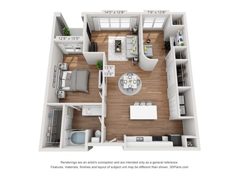 Floor plan for 1 bed, 1 bath, 1076 sqft